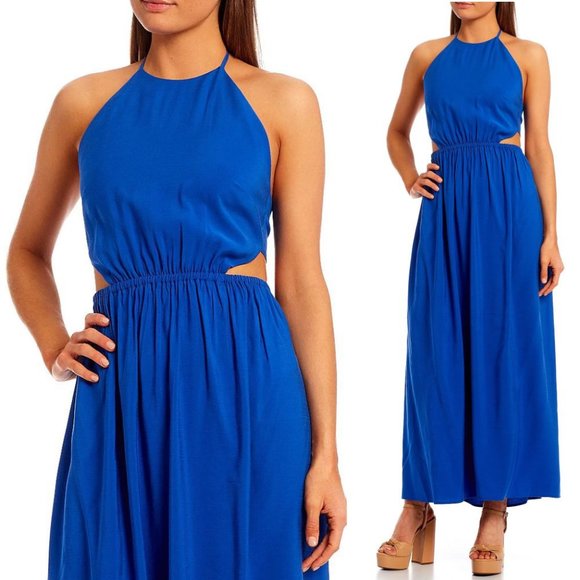 GIANNI BINI Trina Maxi DRESS M L XL Halter Sleeveless Cut Out Tie Back Blue NEW - Picture 1 of 6